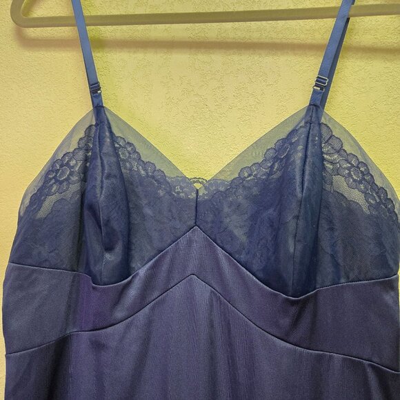 Vintage Navy Blue Lace Trim Satin Slip Gown Nightgown Adjustable Straps S - Picture 3 of 9